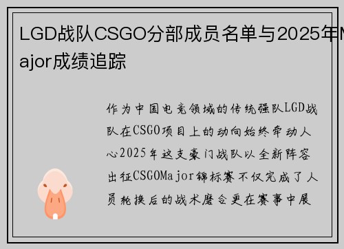 LGD战队CSGO分部成员名单与2025年Major成绩追踪