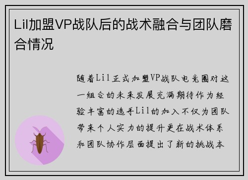 Lil加盟VP战队后的战术融合与团队磨合情况