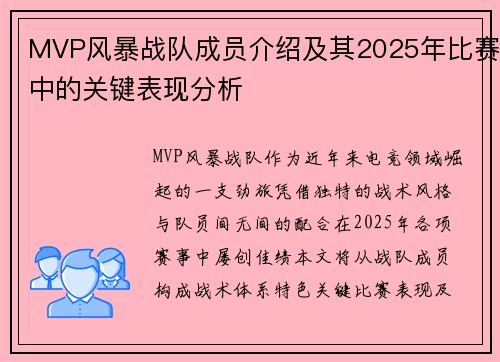 MVP风暴战队成员介绍及其2025年比赛中的关键表现分析