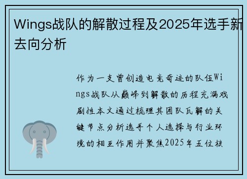 Wings战队的解散过程及2025年选手新去向分析